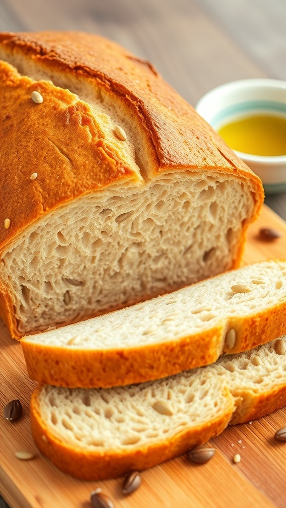 A golden brown loaf of whole wheat bread sliced on a wooden board, showcasing its fluffy interior.